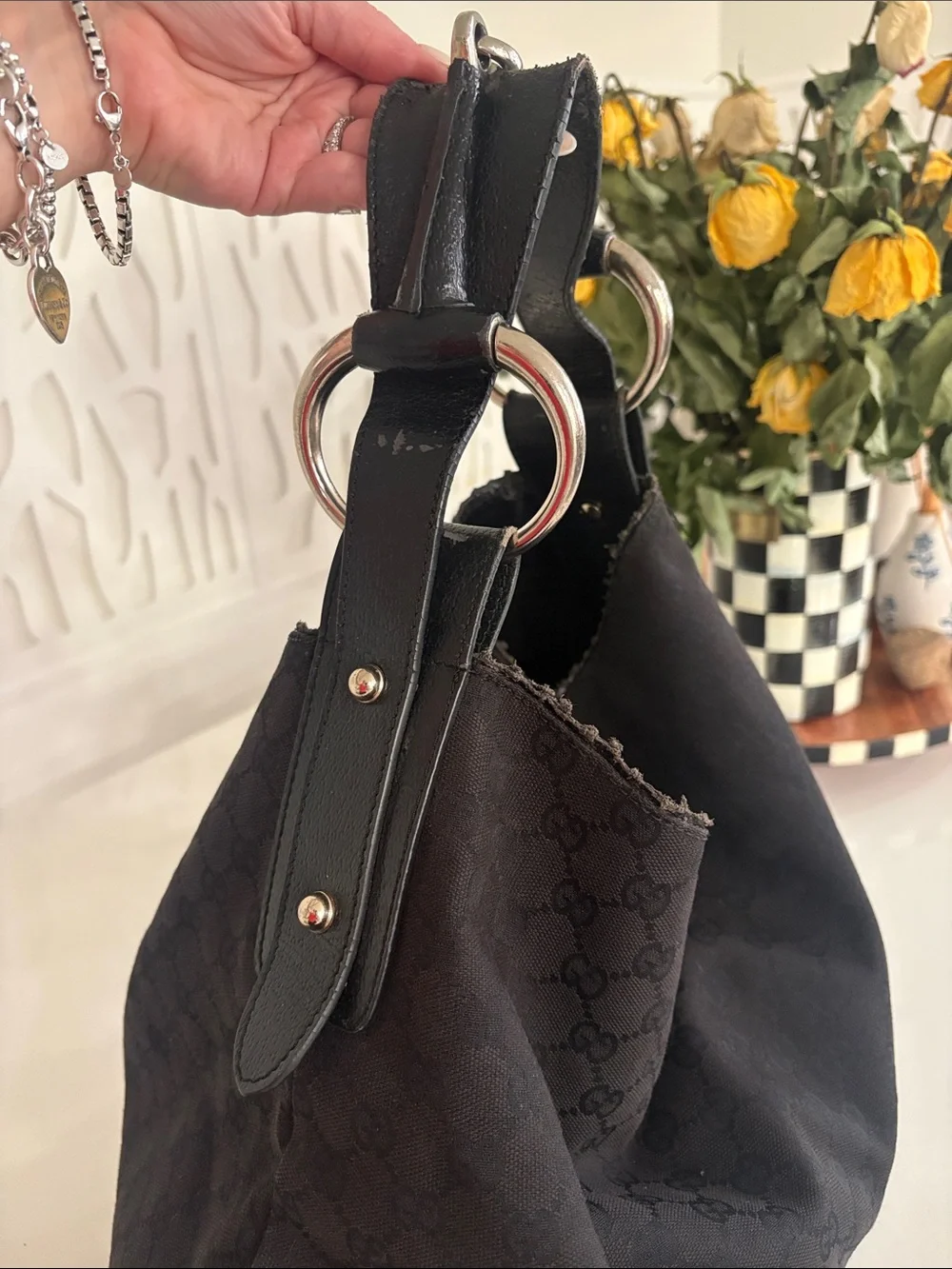 Authentic Gucci Black Canvas Horsebit Ring Hobo Shoulder Bag (Large)